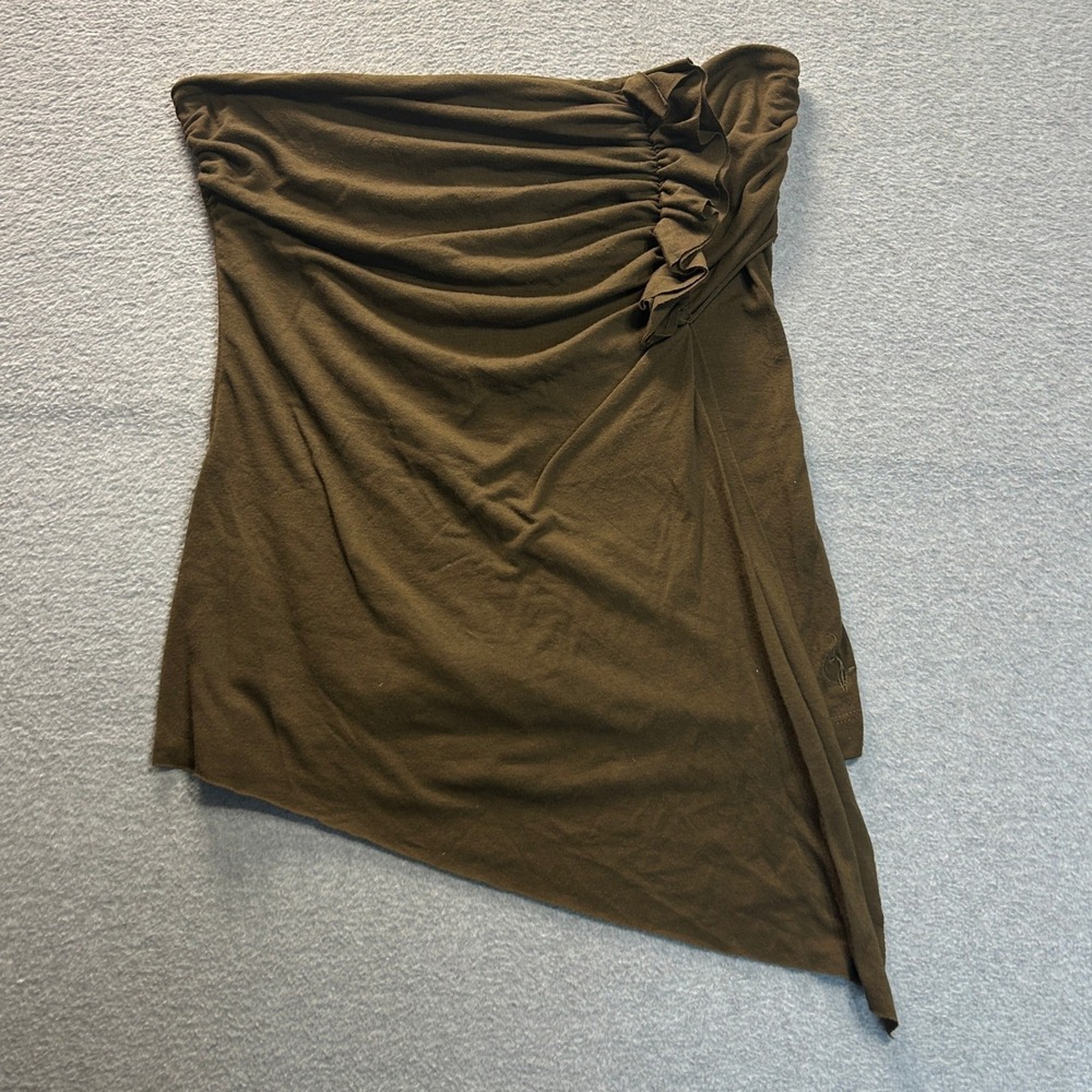 Baby Phat Ruched Strapless Tube Top Womens L Olive Green Asymmetrical Y2K Logo